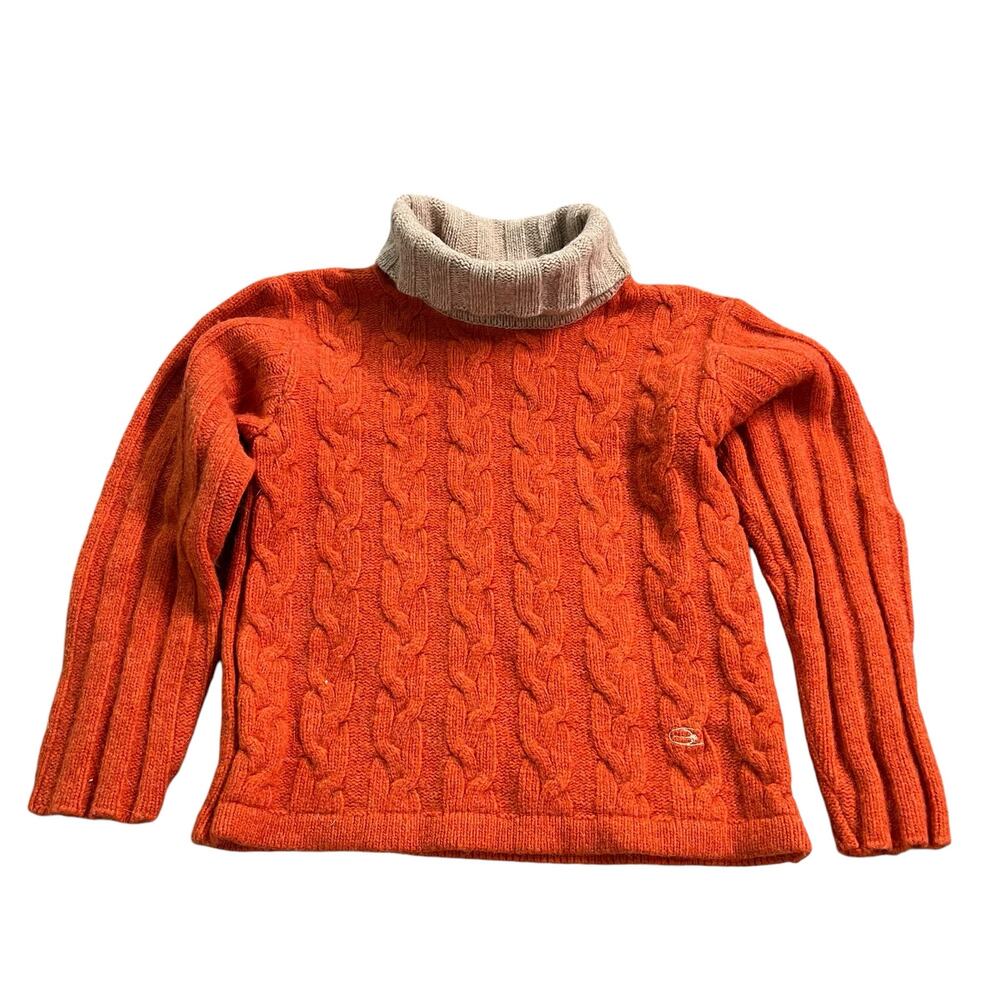 Kids Orange Cable-Knit Turtleneck Sweater with Contrast Neck